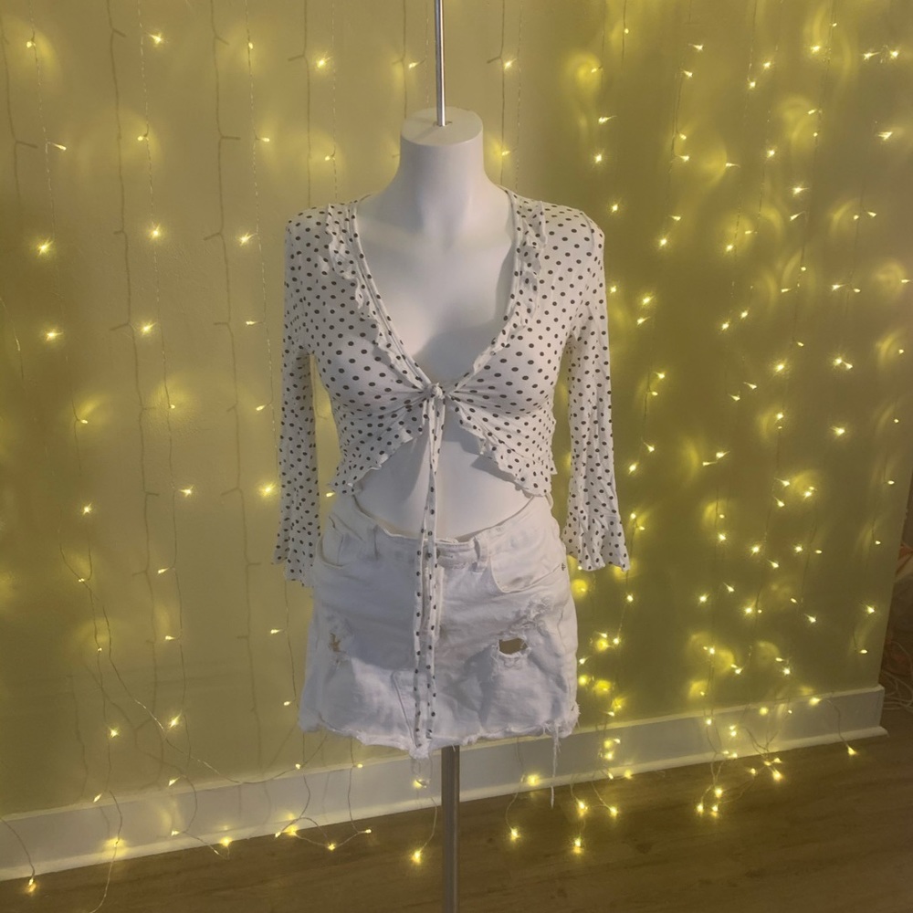Polka dot long bell sleeve tie front crop top